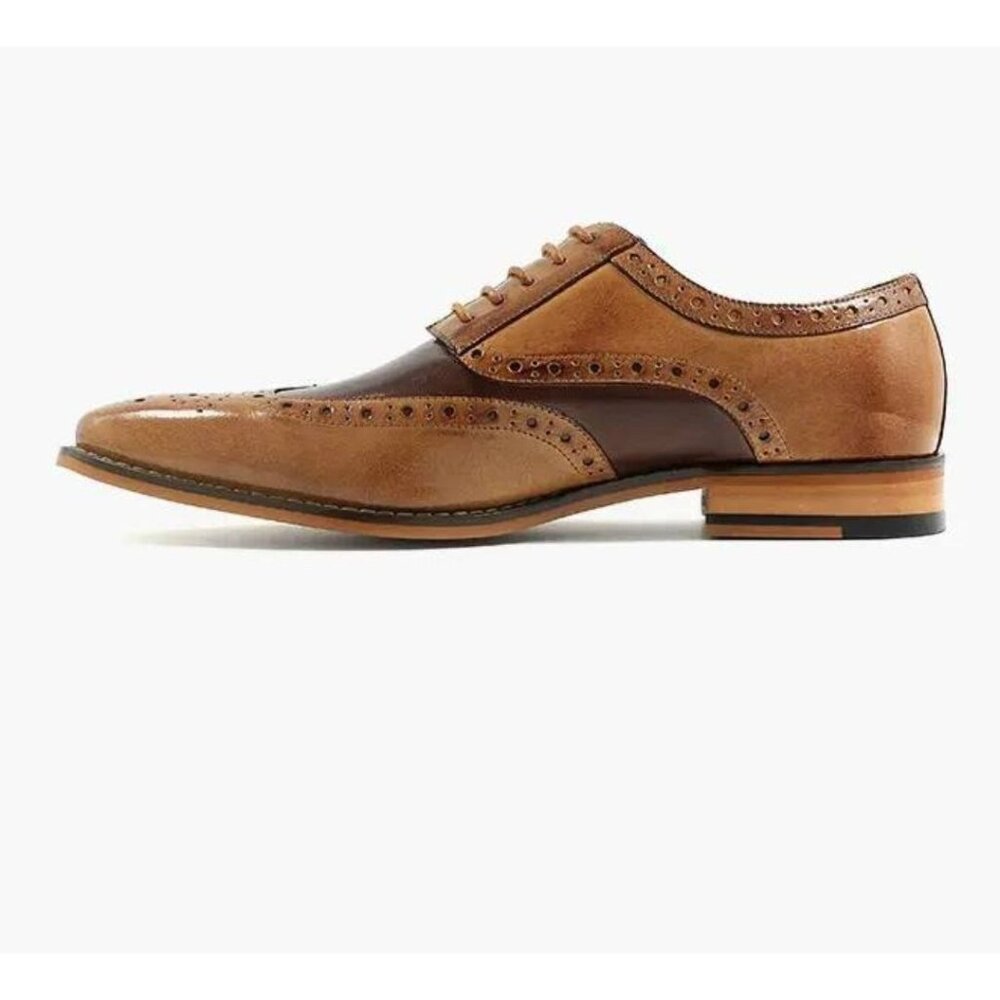 Men's Classic Brown & Tan Leather Wingtip Oxford Dress Shoes Size 8